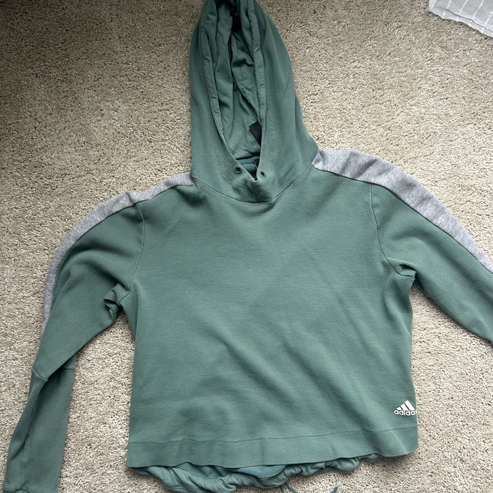 adidas Sage Green Hooded Pullover with Light Gray Trim